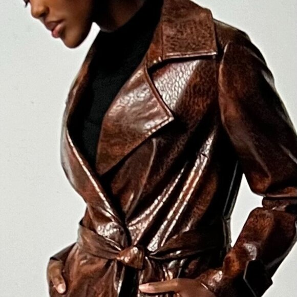 Joseph Ribkoff Jackets & Blazers - Joseph Ribkoff Brown Faux Leather Belted Double-Breasted Coat Size M